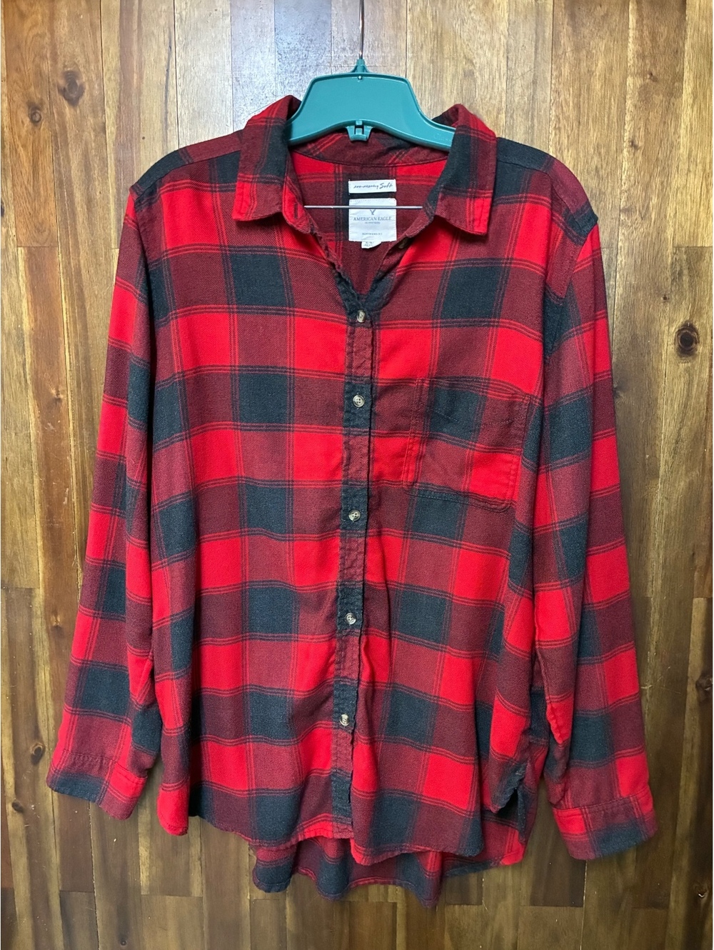 American Eagle Soft Boyfriend Flannel XL Red Black Plaid Grunge Oversized Shirt